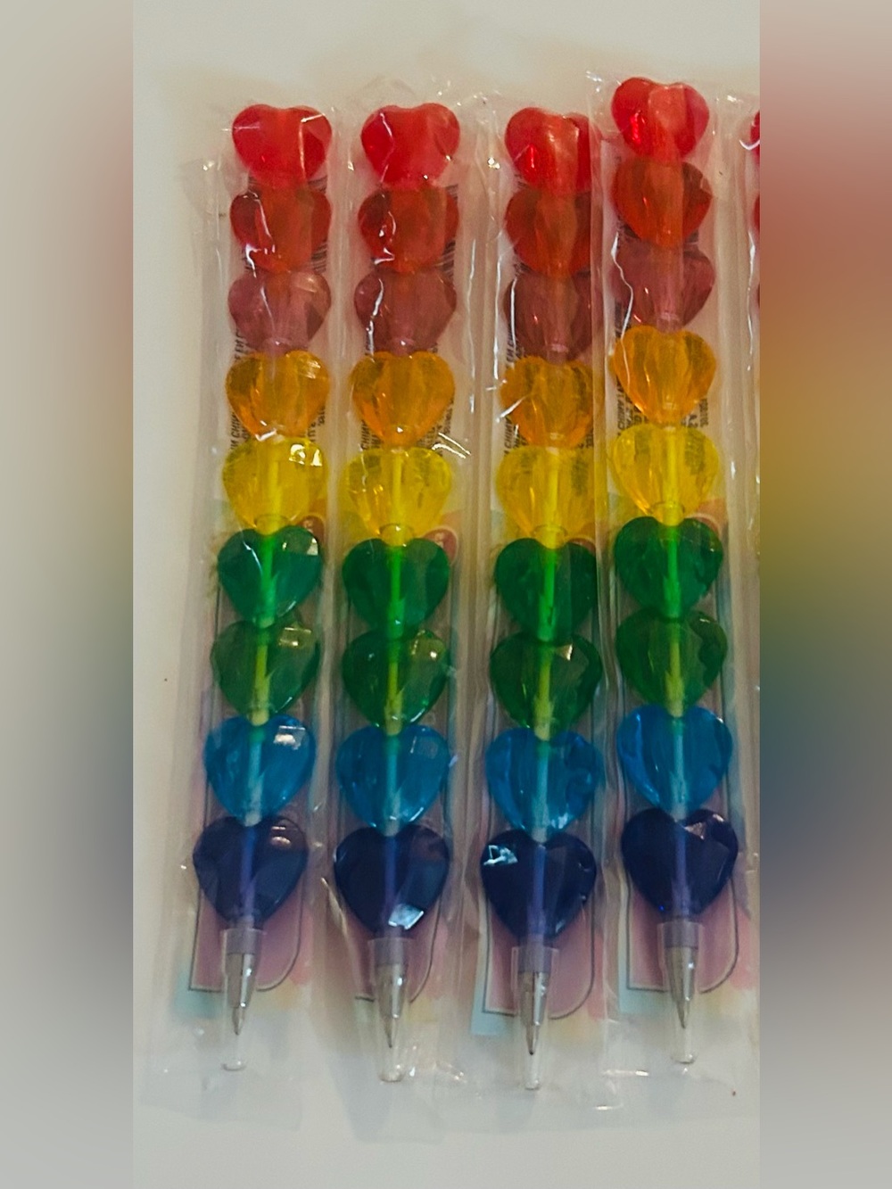 New 4 Multicolor 9 Hearts Pens Plastic Blue Ink 7 1/2” Long Novelty Pens